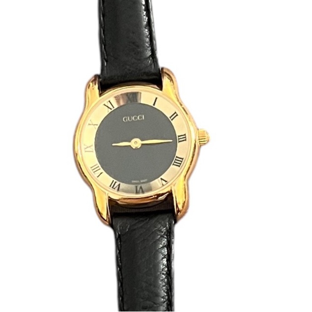GUCCI Quartz watch 5100L leather strap stainless steel black and gold